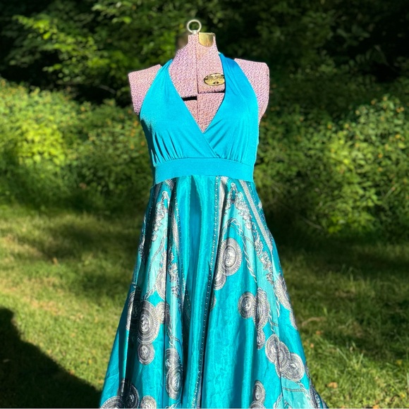 Y2K Boho Fairy Handkerchief Hem silky patterned halter dress Sz L - Picture 3 of 12